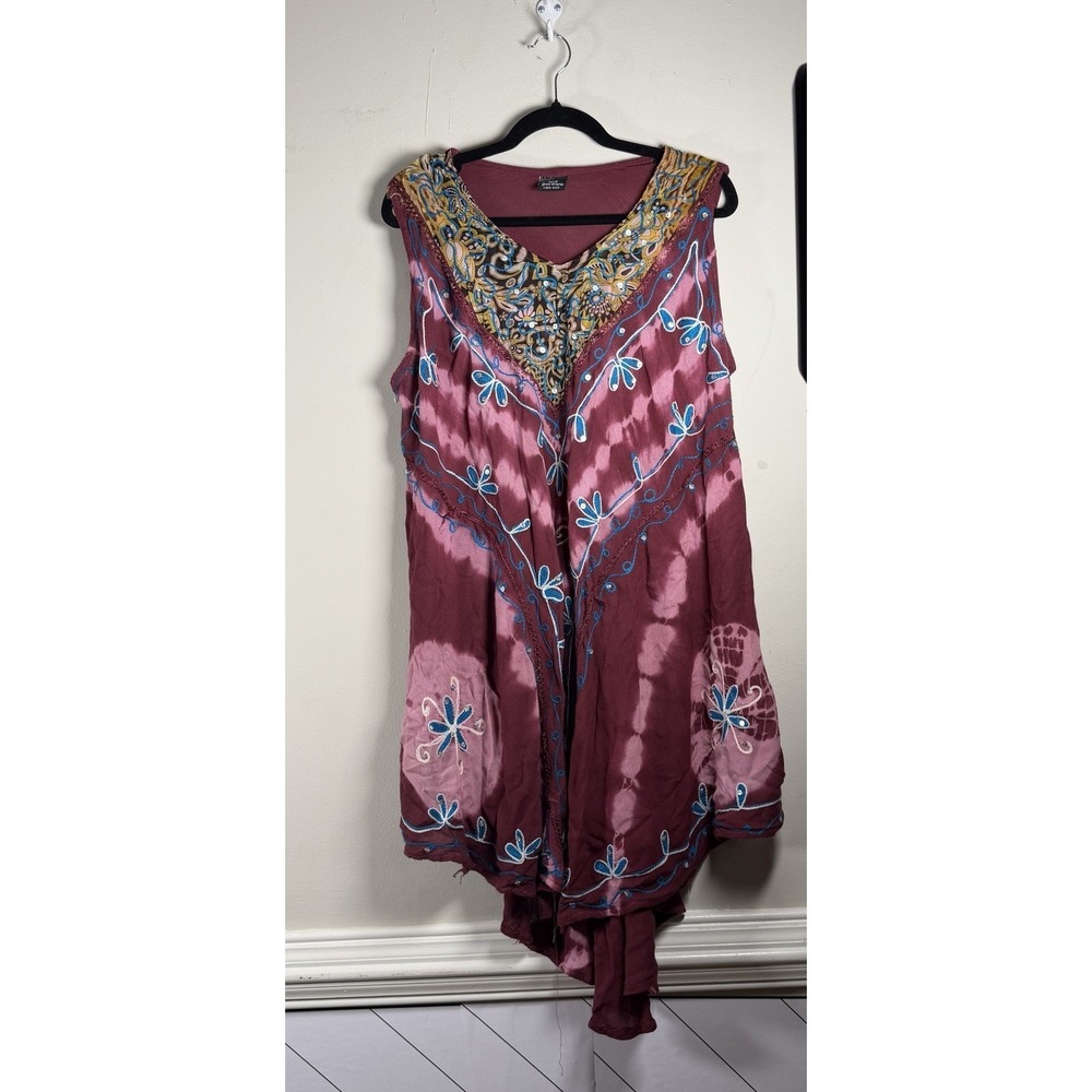 Ace Fashion, Women OS Dark Red Tie-Dye‎ Sleeveless Indian Boho Tunic Midi Dress